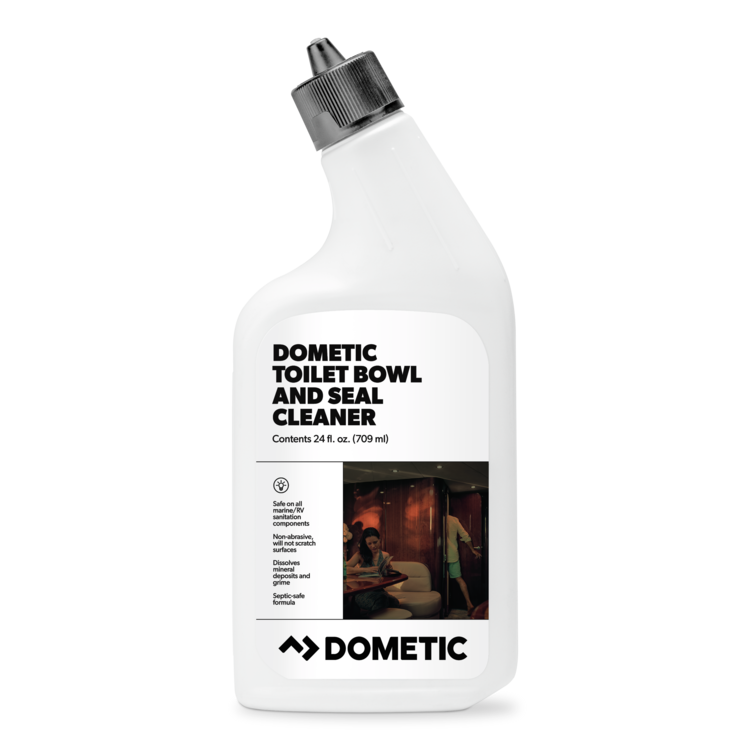Dometic toilet bowl and seal cleaner bottle on a white background