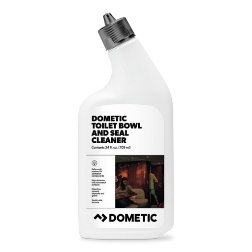 Dometic toilet bowl and seal cleaner bottle on a white background