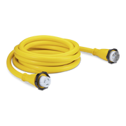 A coiled, yellow, 50amp Sierra shore power cordset on a white background