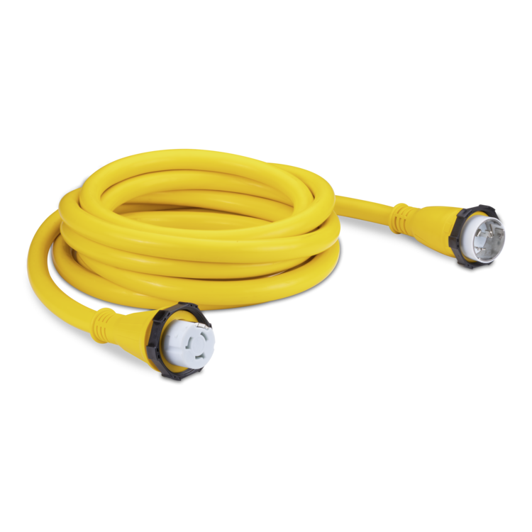 A coiled, yellow, 50amp Sierra shore power cordset on a white background