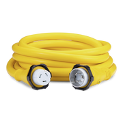 A coiled AC12370-1 50amp Sierra shore power cordset on a white background
