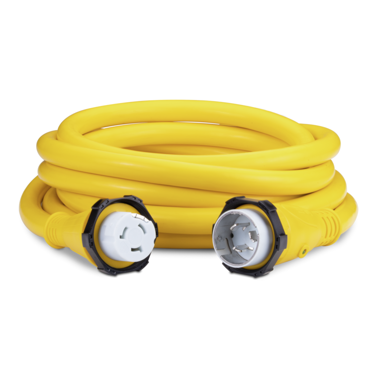 A coiled AC12370-1 50amp Sierra shore power cordset on a white background