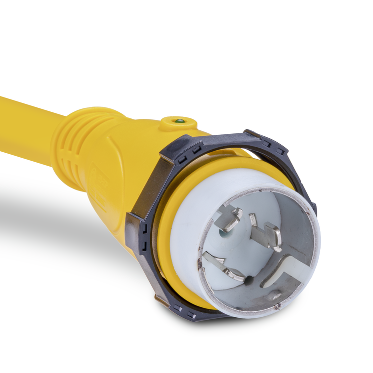 Closeup view of a 50amp Sierra shore power dockside plug with LED power indicator light on a white background