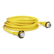 A yellow coiled up 50amp Sierra shore power cordset on a white background