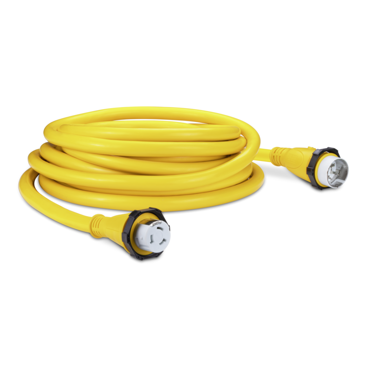 A yellow coiled up 50amp Sierra shore power cordset on a white background