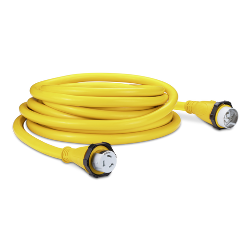 A yellow coiled up 50amp Sierra shore power cordset on a white background