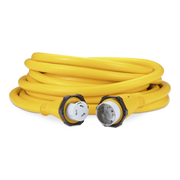 A coiled 50amp yellow Sierra shore power cord on a white background