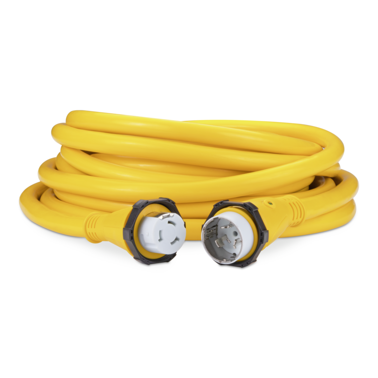 A coiled 50amp yellow Sierra shore power cord on a white background