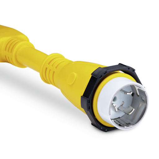 A closeup view of a yellow Sierra shore power y adapter plug on a white background