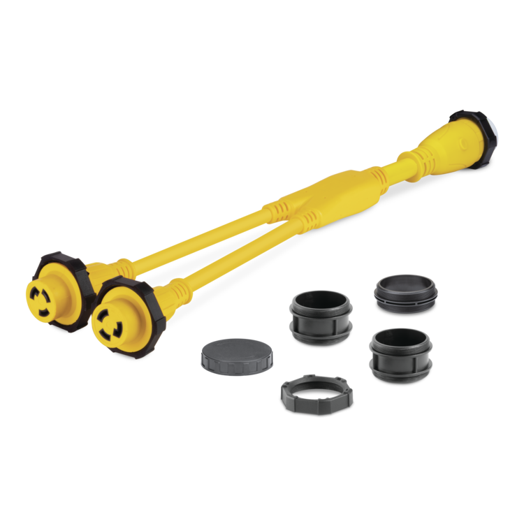 Yellow Sierra shore power Y adapter on a white background