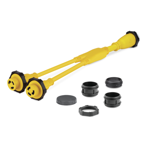 Yellow Sierra shore power Y adapter on a white background