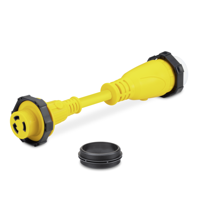 Yellow Sierra shore power pigtail adapter on a white background