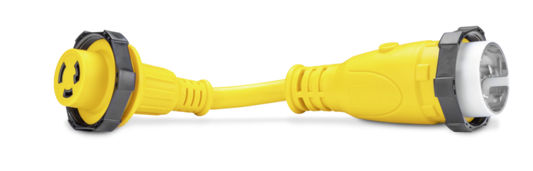 A yellow AC12440-1 Sierra pigtail shore power adapter on a white background