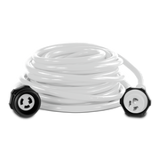 Coiled white cord with black connectors on a white background