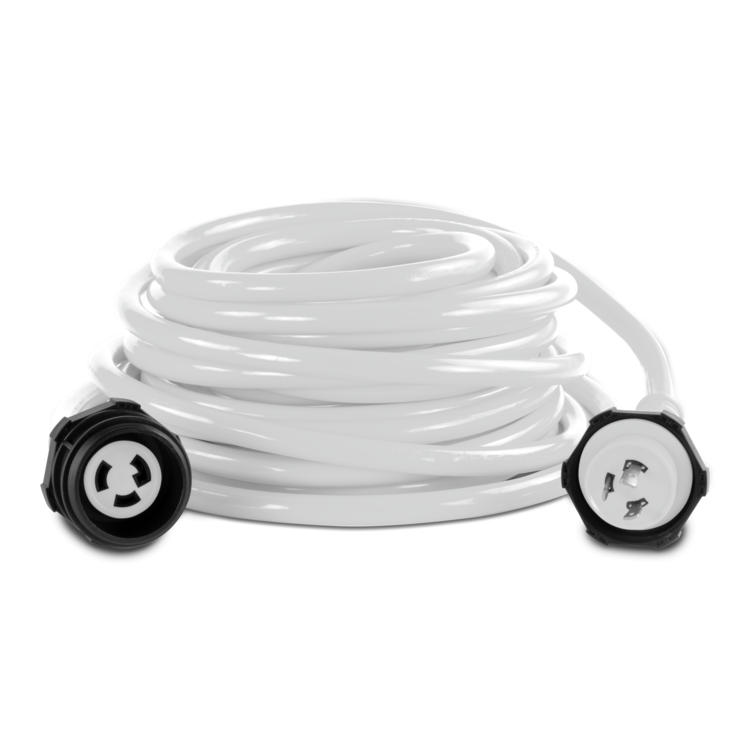 Coiled white cord with black connectors on a white background