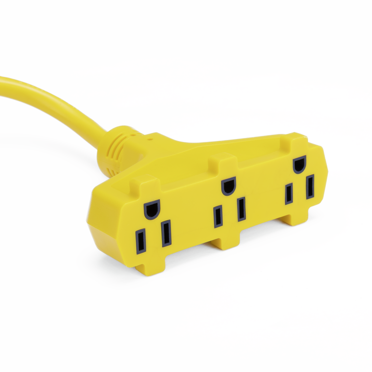 Yellow electrical extension cord with multiple outlets on a white background