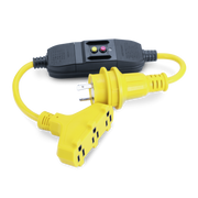 Black electrical plug adapter with yellow extension cord on a white background