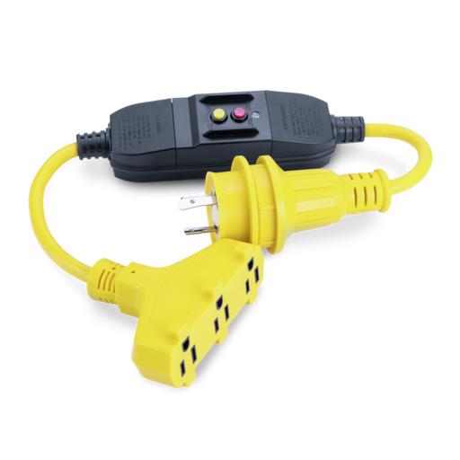 Black electrical plug adapter with yellow extension cord on a white background