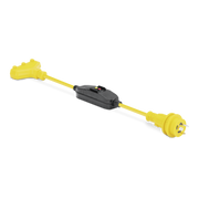 Yellow electrical plug with black connector on a white background