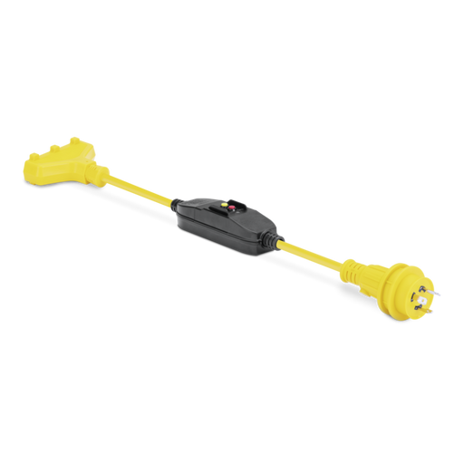 Yellow electrical plug with black connector on a white background