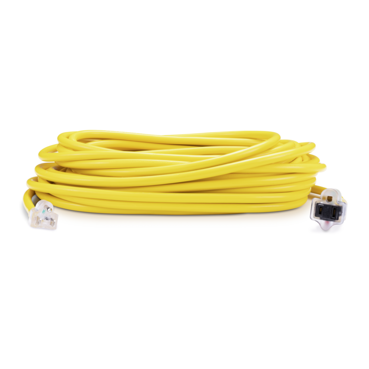 Yellow electrical cable with connectors on a white background