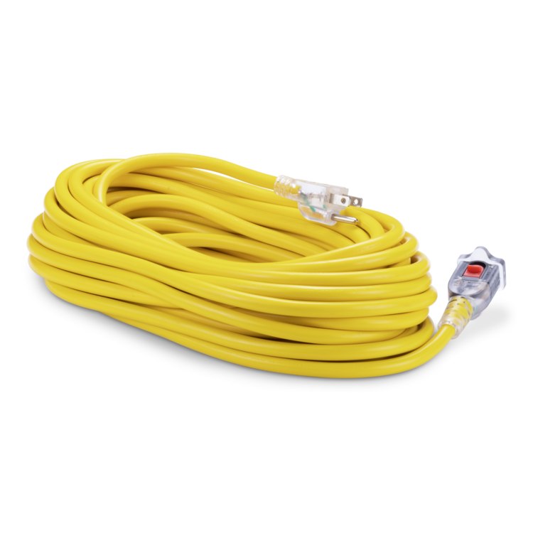 Yellow extension cord with plug on a white background