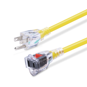 Yellow electrical cable with clear plug on a white background