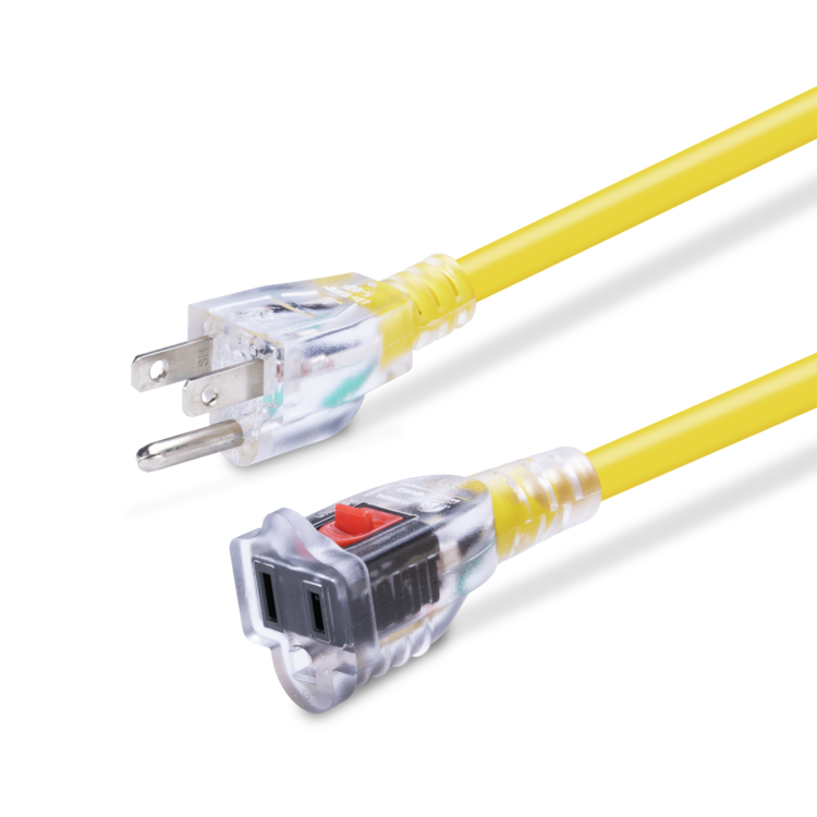 Yellow electrical cable with clear plug on a white background