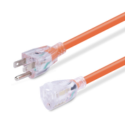 Orange electrical cable with clear connectors on a white background