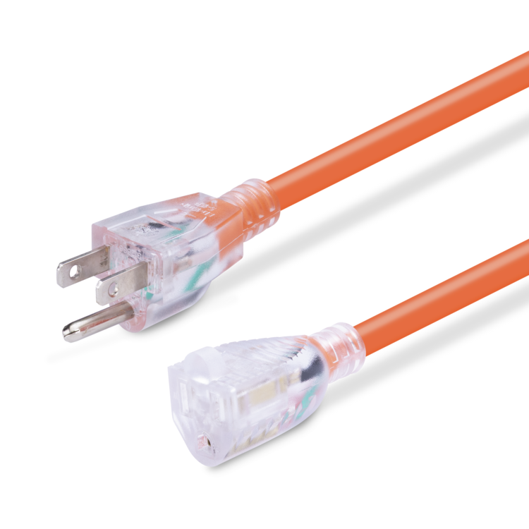 Orange electrical cable with clear connectors on a white background
