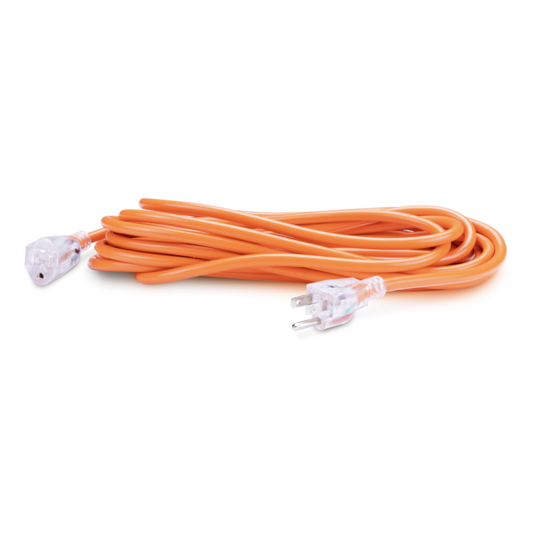 Orange extension cord with plugs on a white background