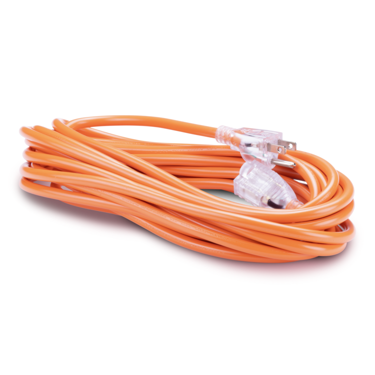 Coiled orange extension cord on a white background