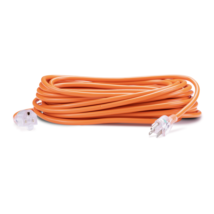 Coiled orange extension cord on a white background