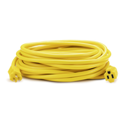 Coiled yellow electrical extension cord on a white background