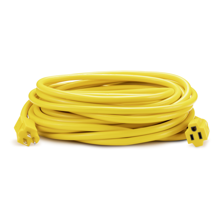 Coiled yellow electrical extension cord on a white background