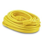 Coiled yellow extension cord on a white background