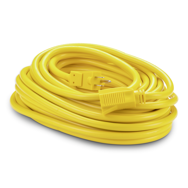 Coiled yellow extension cord on a white background