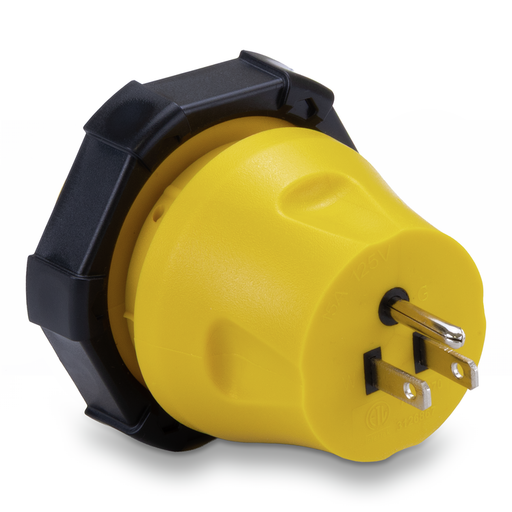 Yellow electrical plug with black base on a white background