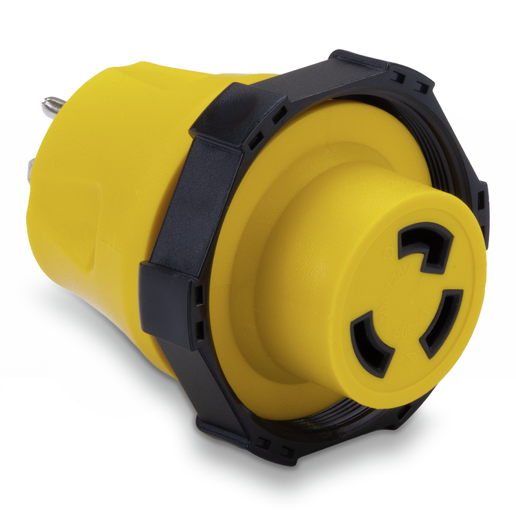 Yellow electrical outlet with black accents on a white background