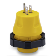 Yellow electrical plug with black base on a white background