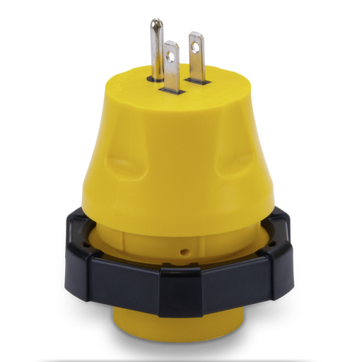 Yellow electrical plug with black base on a white background