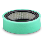 Round green air filter with black rim on a white background