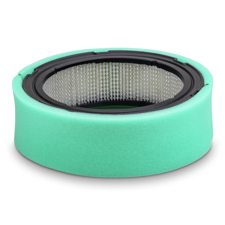 Round green air filter with black rim on a white background