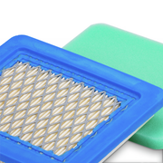 small engine air filter with blue frame and pleated material on a white background