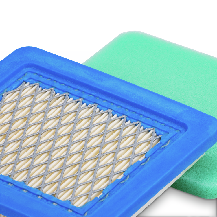 small engine air filter with blue frame and pleated material on a white background