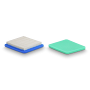 Two square filters, one white and blue, the other green, on a white background.