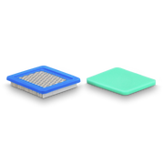 Blue and green air filter components on a white background