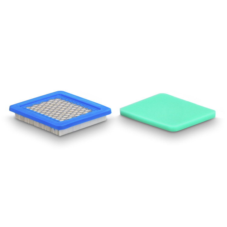 Blue and green air filter components on a white background