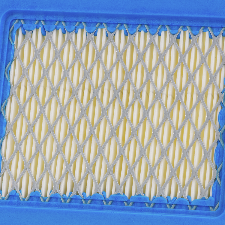 Close-up of a blue and white Prime Line air filter on a white background