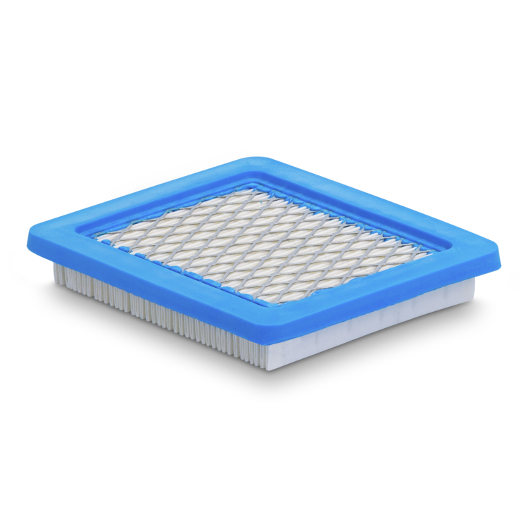 Rectangular air filter with blue rim on a white background